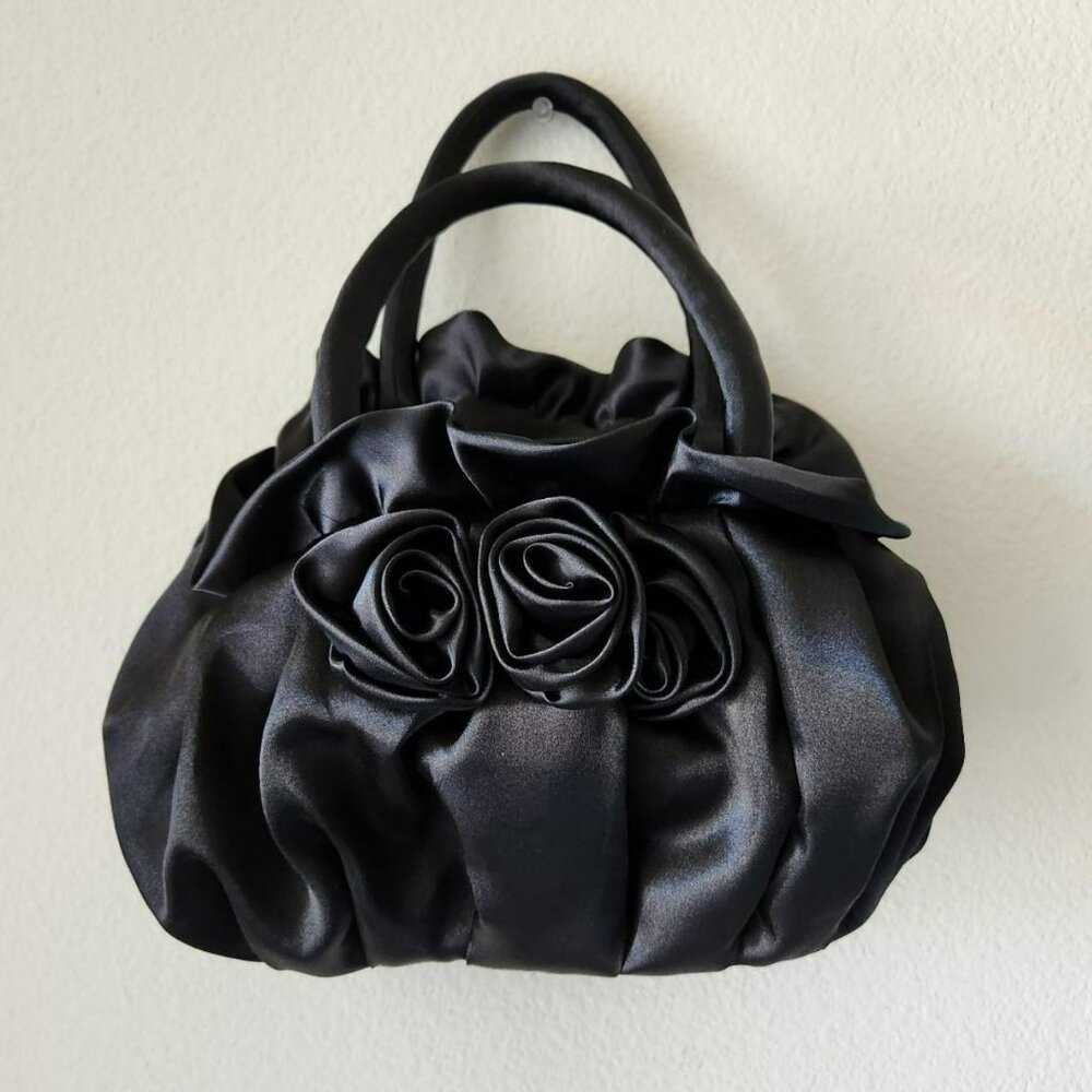 NaRaYa Black Satin Rose Evening Bag Clutch Purse Prom Wedding Y2K Occasion